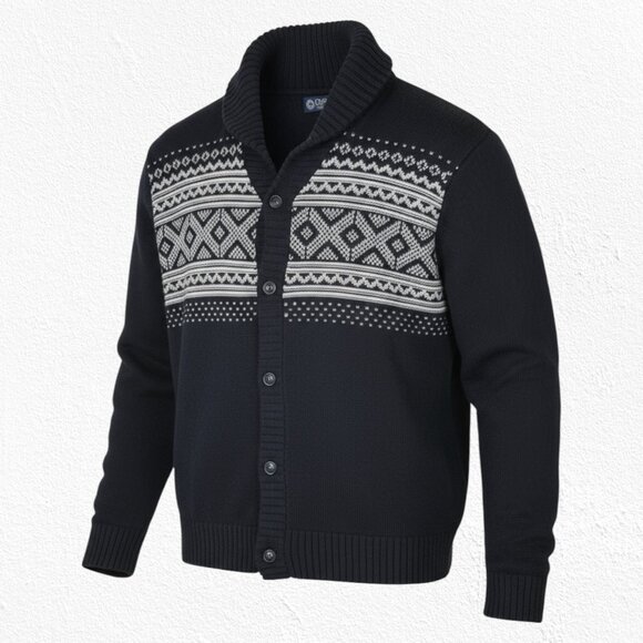 Chaps Black White Fair Isle Cowl Neck Button Up Cardigan Sweater Size Large - Picture 1 of 9